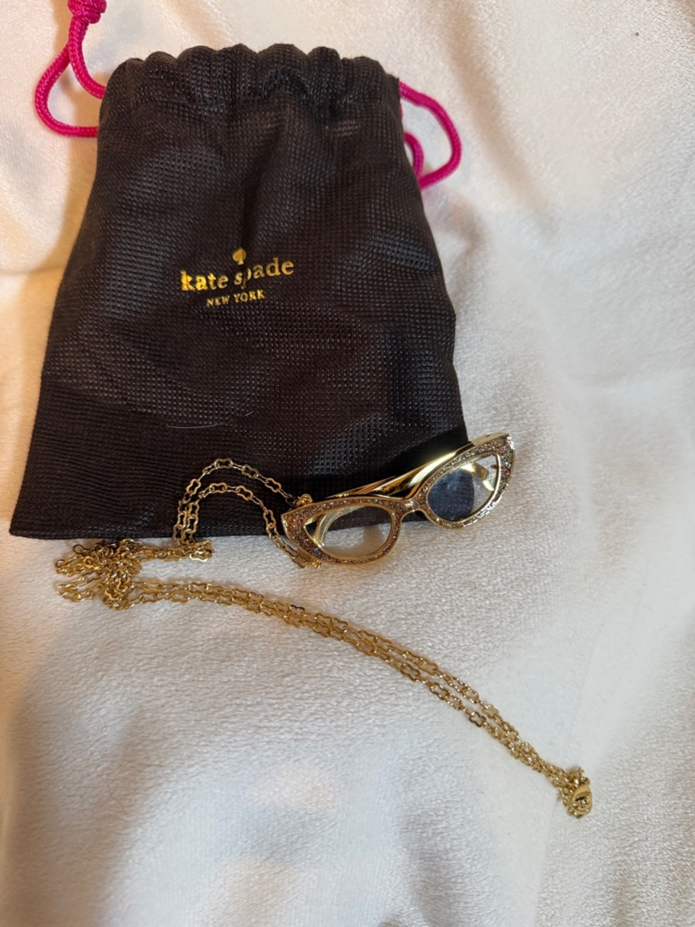 Kate Spade New York Gold Glitter Cat Eye Glasses Pendant Necklace with Pouch